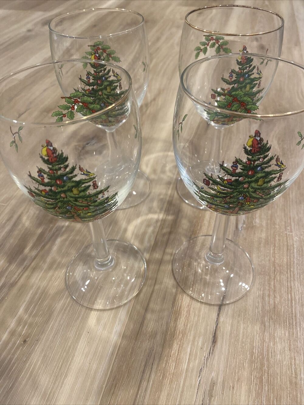Spode Wine Glasses Set Of 4 Christmas Tree / Holly 12 Ounce 7 1/4" Gold Rim
